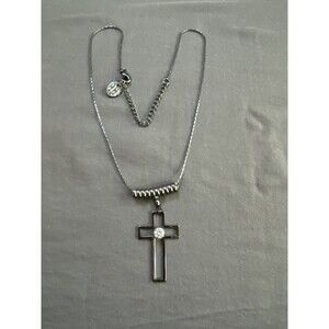 Howard's Jewelry Shiny Gunmetal Necklace With Cross Pendant Rhinestone